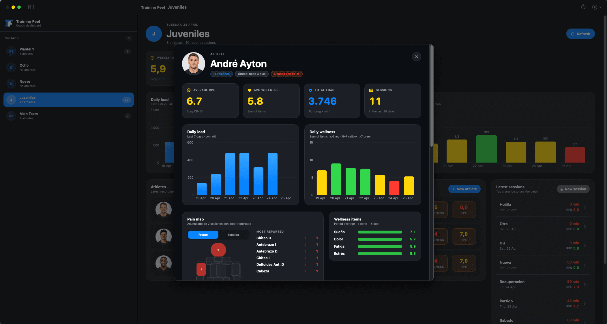 Training Feel athlete detail panel on macOS